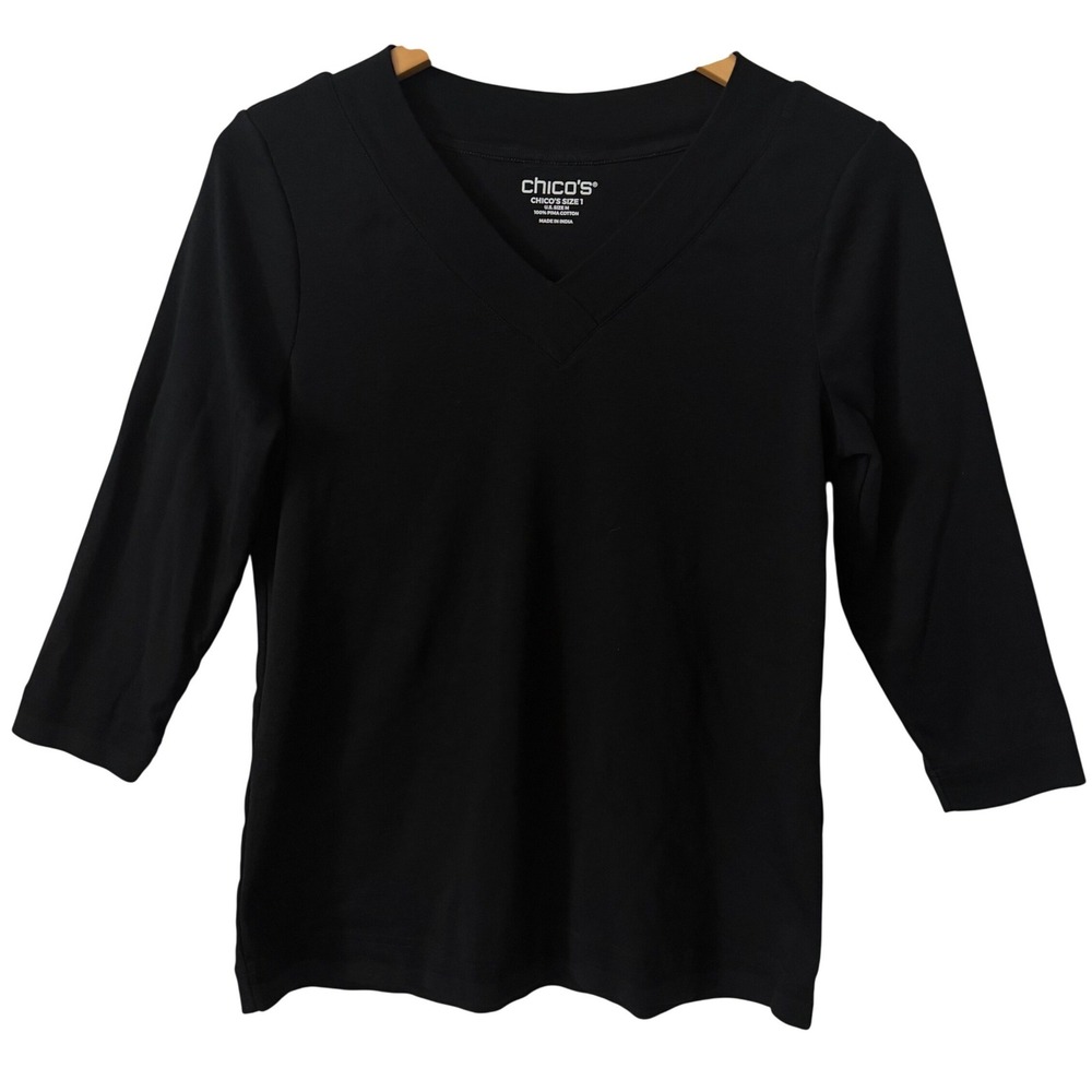 Chico's Women Sz Md Black 100% Pima Cotton V-Neck 3/4 Sleeve Top Quiet Luxury
